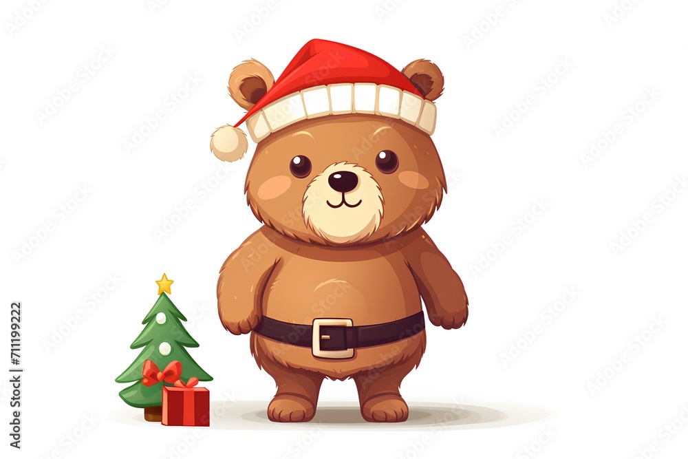 Naklejka premium Cute cartoon bear in a Santa Claus hat with a Christmas tree. Vector illustration.