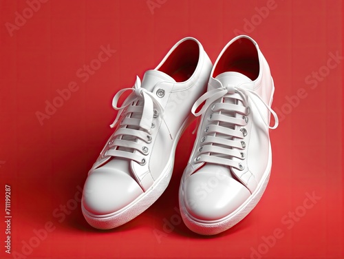 sneakers isolated on red background, different kind. Fashionable stylish sports casual shoes. Creative minimalistic layout with footwear. Advertising for shoe store, blog