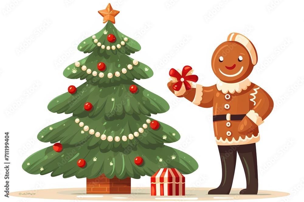 Naklejka premium Man decorating christmas tree. Vector illustration in cartoon style.