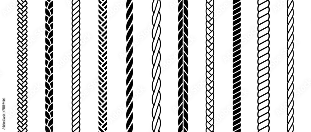Repeating rope set. Seamless hemp cord line collection. Black chain, braid, plait stripe bundle. Vertical decorative plait pattern pack. Vector marine twine design elements for banner, poster, frame - obrazy, fototapety, plakaty 
