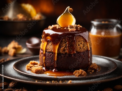 Michelin starred sticky toffee pudding dessert in premium restaurant, cinematic food photography  photo