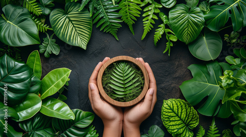 Top view of hands holding a pot with leaf of fearn and tropical plants. Symbol of conservation. Icon of care for the natural life of the earth. Environmental poster with flora. Placard of ecology photo