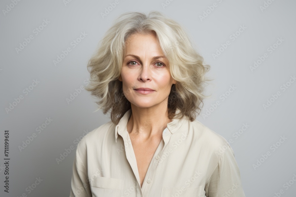 Portrait of a beautiful senior woman with short grey hair against a grey background Portrait of a beautiful senior woman with short grey hair against a grey background