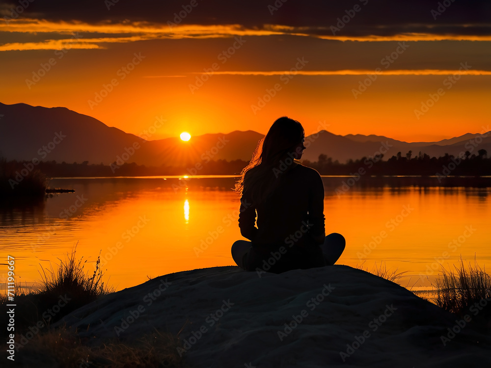 Silhouette behind a woman, sitting and watching the beautiful sunset, along the mountains along the river bank.