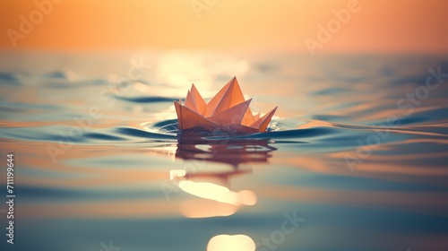 Origami paper boat on water with dramatic sunset. generative AI photo
