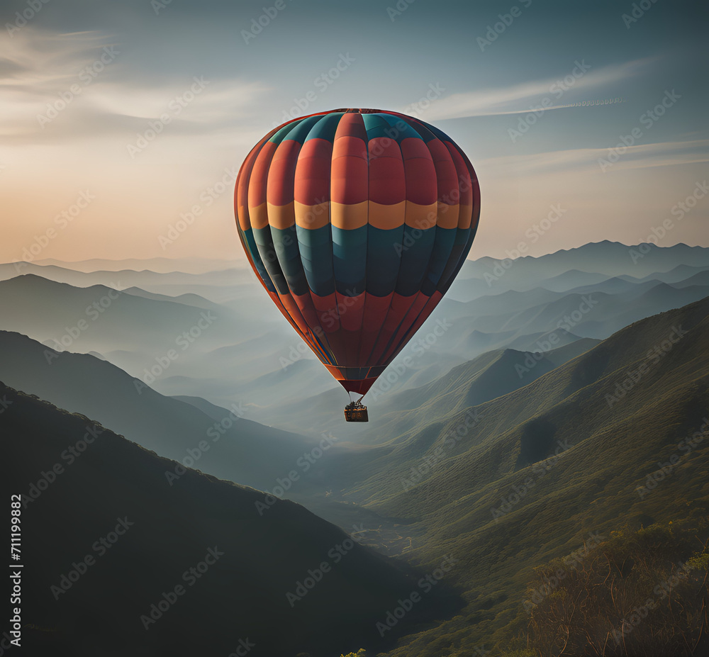 A balloon filled with hot air. Ballooning is low from the ground. hot air balloon at sunrise hot air balloon generative Ai