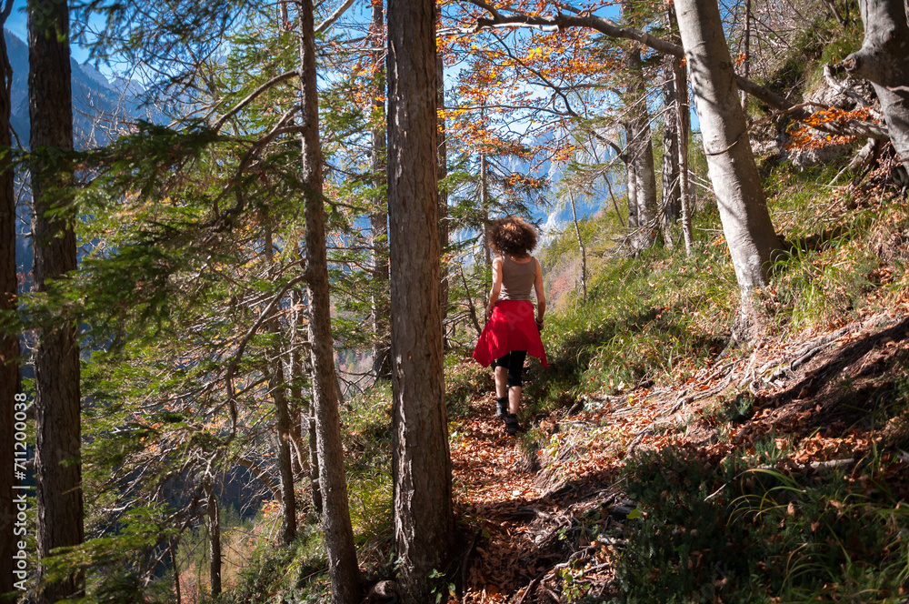 Adult Woman Hiker Enjoying a Tranquil Walk  on an Alpine Mountain Trail