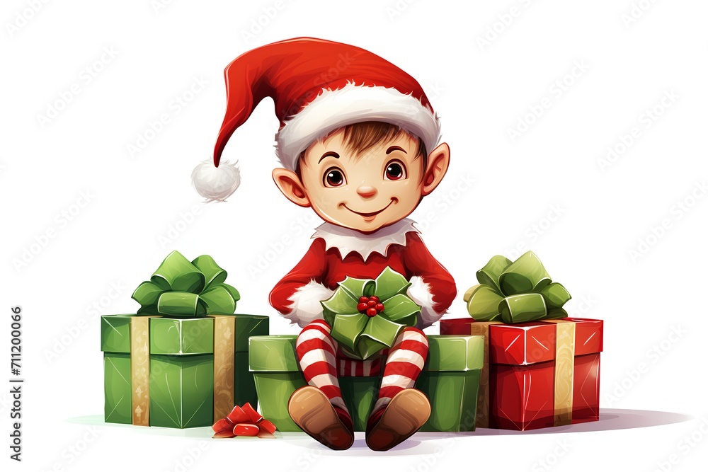 Cute little boy in Santa Claus costume sitting on pile of gifts. Vector cartoon illustration. Cute little boy in Santa Claus costume sitting on pile of gifts. Vector cartoon illustration.