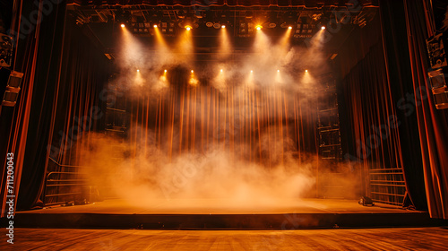 Stage light background with orange spotlight illuminated the stage with smoke. Empty stage for show with backdrop decoration.