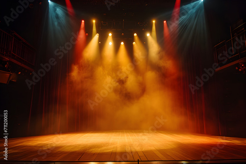 Stage light background with red, yellow and blue spotlight illuminated the stage with smoke. Empty stage for show with backdrop decoration. © Lucianastudio