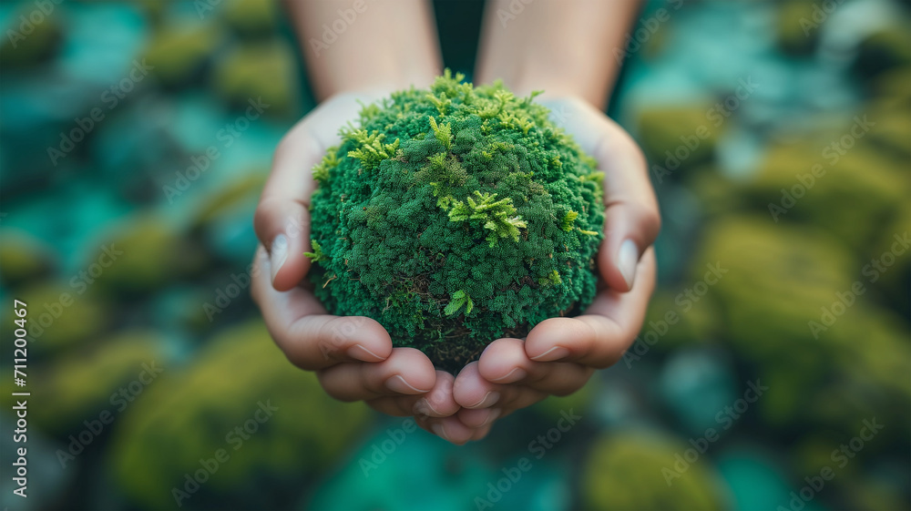 Two hands hold a ball of green moss as a symbol of ecology and respect for the environment. Horizontal poster on nature; poster on sustainable agriculture and conservation. care for the earth life - obrazy, fototapety, plakaty 