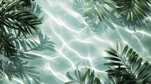 Spa concept with a palm leaf in wavy water. Abstract  transparent tropical water texture surface with palm leaves. top view  beauty backdrop  mockup  spa and wellness  copy space