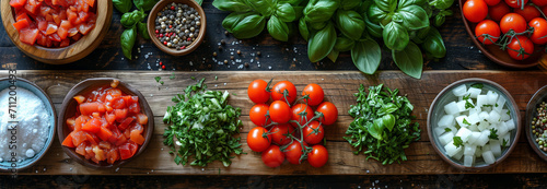 Panoramic banner with fresh vegetables on table. Healthy vegetarian cooking concept with tomatoes, herbs and seasonings. Top view of Indoor Kitchen; cropped scene for advertising and website header