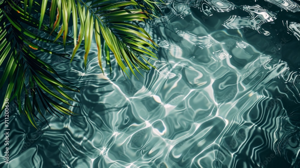 Spa concept with a palm leaf in wavy water. Abstract, transparent tropical water texture surface with palm leaves. top view, beauty backdrop, mockup, spa and wellness, copy space Spa concept with a palm leaf in wavy water. Abstract, transparent tropical water texture surface with palm leaves. top view, beauty backdrop, mockup, spa and wellness, copy space