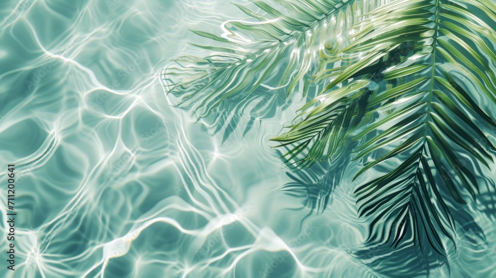 Spa concept with a palm leaf in wavy water. Abstract, transparent tropical water texture surface with palm leaves. top view, beauty backdrop, mockup, spa and wellness, copy space Spa concept with a palm leaf in wavy water. Abstract, transparent tropical water texture surface with palm leaves. top view, beauty backdrop, mockup, spa and wellness, copy space