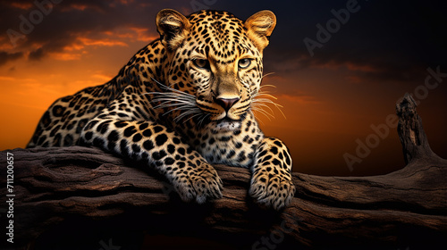 african leopard panthera pardus illuminated by light, female, resting on a dead tree © Aura