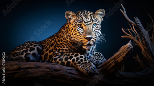 african leopard panthera pardus illuminated by light, female, resting on a dead tree