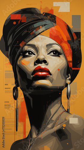 Modernist collage with proud African American actress with red lips; black woman face with graffiti style background; digital art for Black History Month; vertical poster.