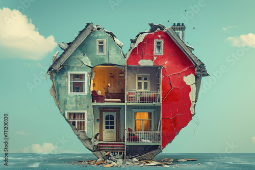 Heart shaped apartment is torn in half. Concept division of jointly acquired property in marriage, separation of house during divorce of family