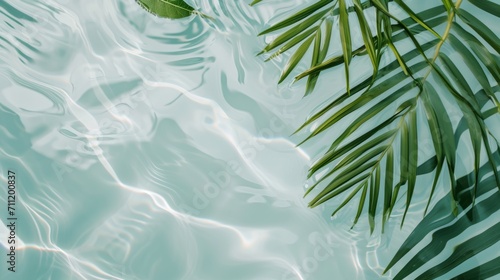 Spa concept with a palm leaf in wavy water. Abstract, transparent tropical water texture surface with palm leaves. top view, beauty backdrop, mockup, spa and wellness, copy space