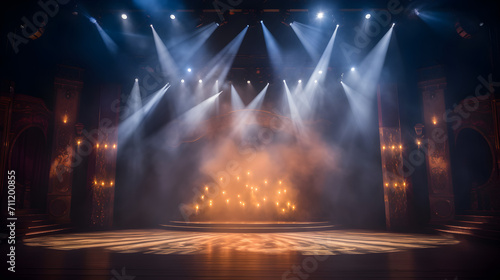 Stage light background with white and yellow spotlight illuminated the stage with smoke. Empty stage for show with backdrop decoration. photo