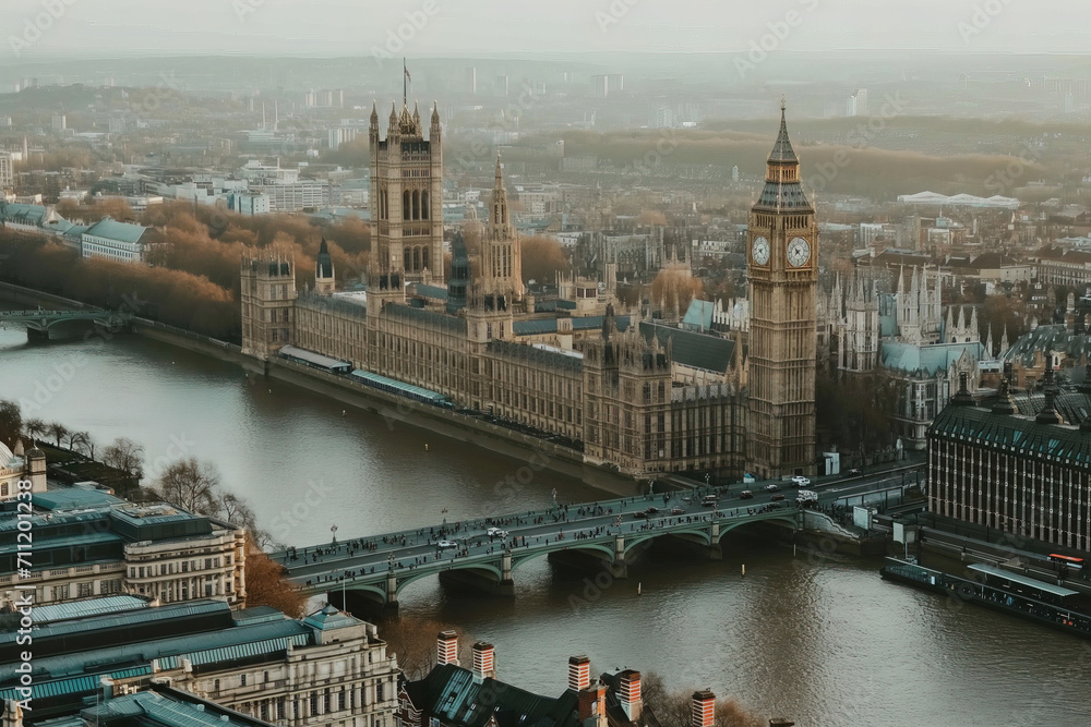 Naklejka premium London UK skyline aerial view of Big Ben clock on a beautiful clear day at sunset 