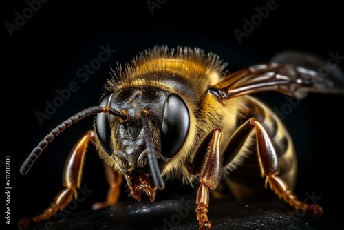 Close-up of a bee with a dark background. Generative AI © Ilya