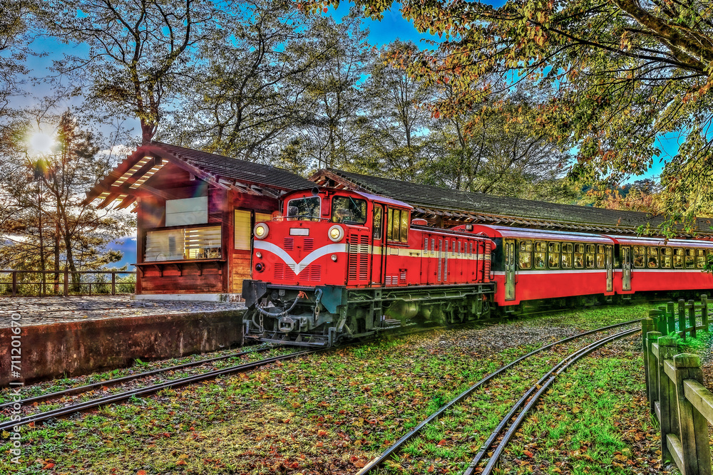 Fascinating forest train passing by station at the Alishan National Forest Recreation Area on Dueigaoyue Station.Scenic tree view , Attractive arc track in Alishan,Taiwan.For branding, screensavers.