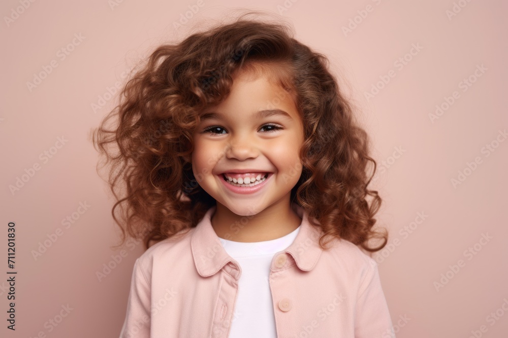 Portrait of a smiling little girl with curly hair on a pink background Portrait of a smiling little girl with curly hair on a pink background