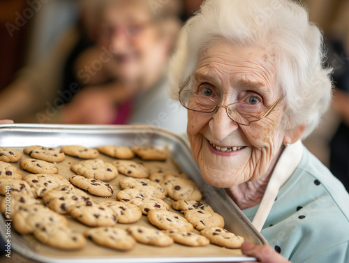 Happy elderly woman baking cookies at home. Senior people doing hobby and activity. photo