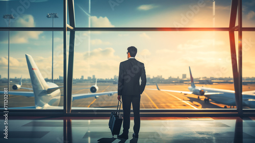 Back view of a Businessman in a suit and luggage standing in the airport near the window and looking through the window at the plane on the runway below. plane illustration. generative ai photo