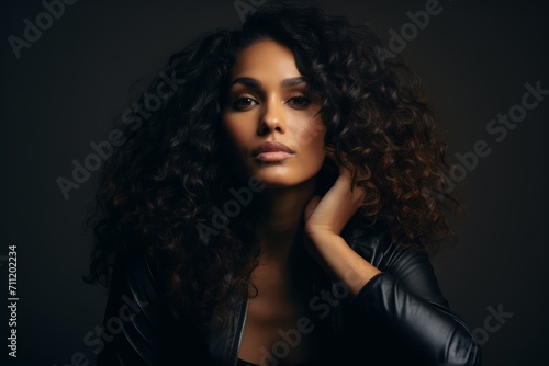 Beautiful african american woman with long curly hair. Studio shot.
