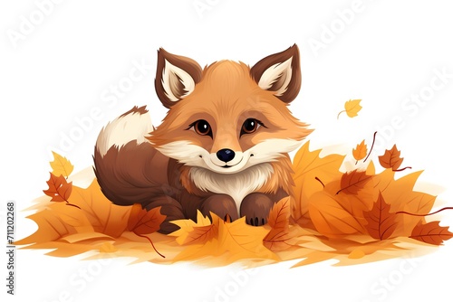 Cute fox in autumn leaves isolated on white background. Vector illustration.