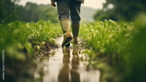 A farmer wearing a bucket hat and rubber boots walking through a field of tall green algae plants, harvesting for food and biofuel production.