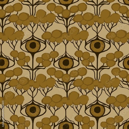 Hand drawn seamless pattern with surreal surrealism trees eyes. Art deco art nouveau elegant beige brown forest print, abstract elegant decorative background, branches golden 20s 30s art.