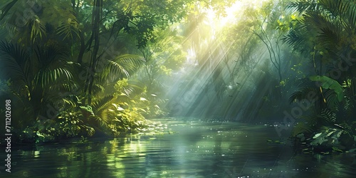 Enchanted woodlands. Serene capture of forest bathed in gentle morning sunlight reflecting in tranquil river ideal nature landscape and scenic collections photo