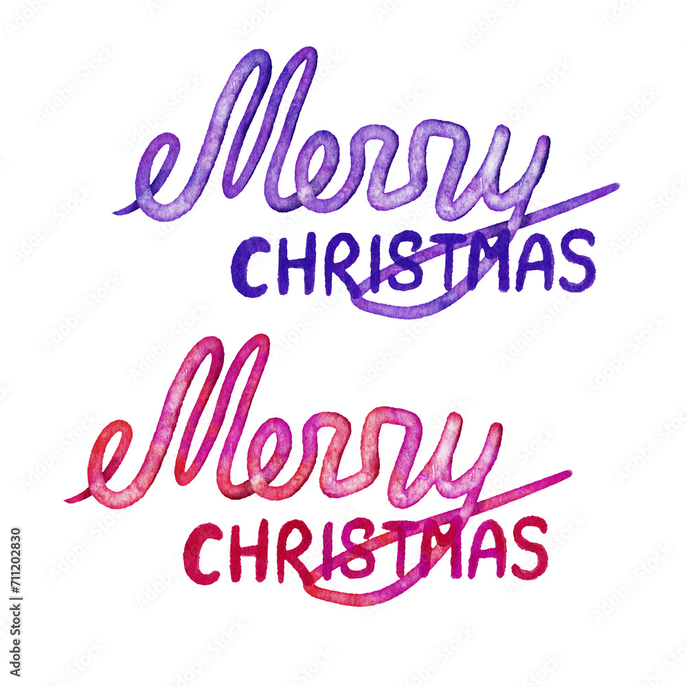 Hand drawn illustration Merry Christmas in pink purple words greeting slogan. Text type calligraphy winter holiday typography season banner, watercolor lettering festive invitation celebration.