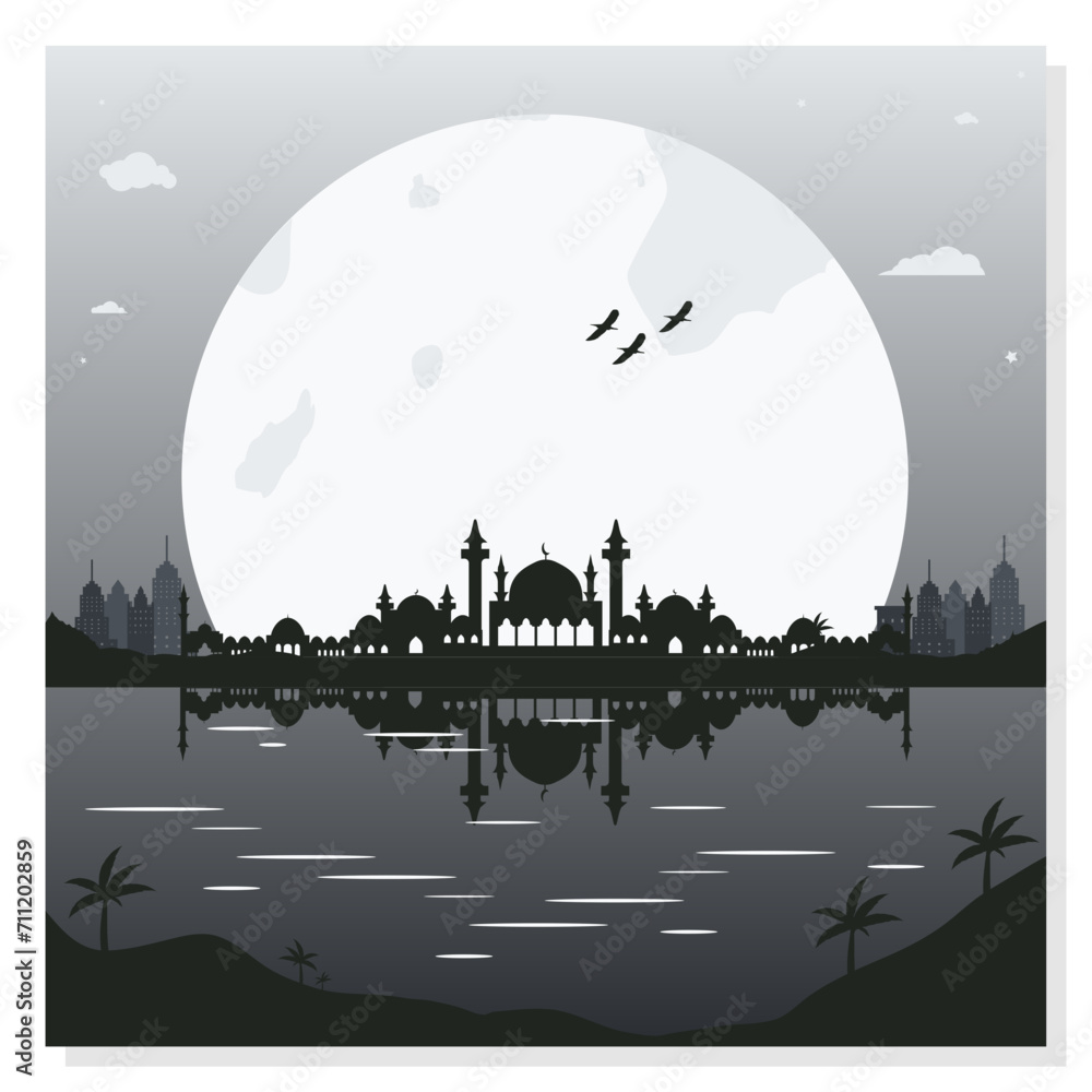 Mosque Silhouette Backgrounds with Urban Buildings and Full Moon in the Background
