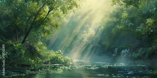 Enchanted woodlands. Serene capture of forest bathed in gentle morning sunlight reflecting in tranquil river ideal nature landscape and scenic collections