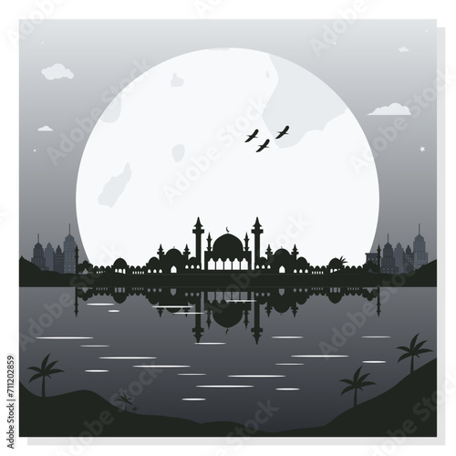 Mosque Silhouette Backgrounds with Urban Buildings and Full Moon in the Background 