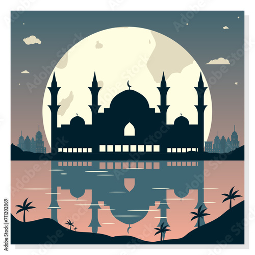 Mosque Silhouettes with Urban Buildings and Sunset Background
