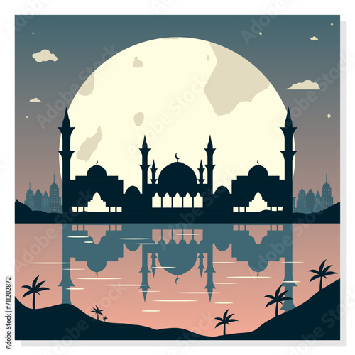 Mosque Silhouettes with Urban Buildings and Sunset Background 