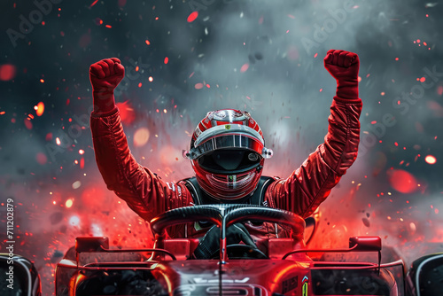 Race car driver celebrating the win, grand prix