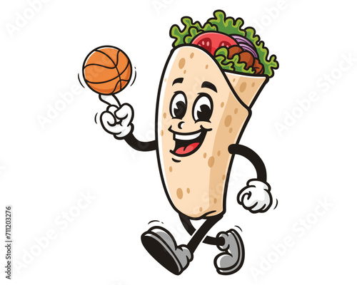 Burrito playing basketball cartoon mascot illustration character vector clip art logo hand drawn