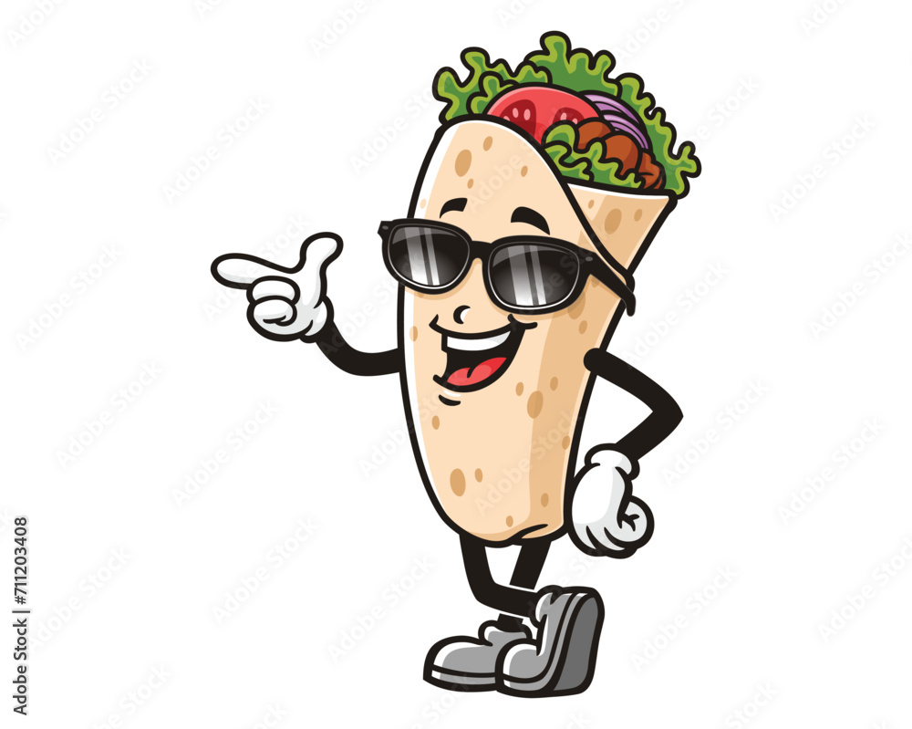 Burrito with sunglasses cartoon mascot illustration character vector clip art logo hand drawn
