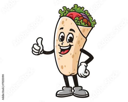 Burrito with thumb up cartoon mascot illustration character vector clip art logo hand drawn