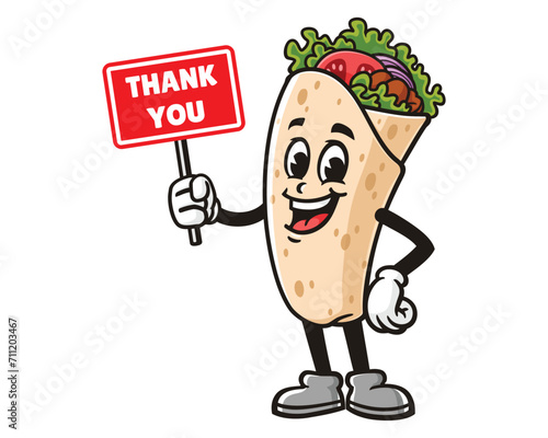 Burrito with thank you sign board cartoon mascot illustration character vector clip art logo hand drawn