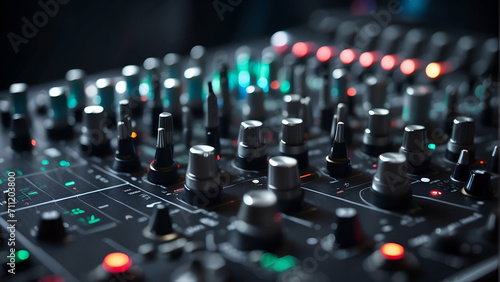 Close up of professional audio mixer or sound channels panel in dark