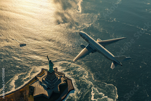 Airplane above the Liberty Statue in USA, New Yourk City, travel, relocation