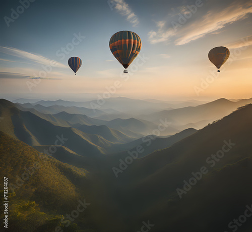 A balloon filled with hot air. Ballooning is low from the ground. hot air balloon at sunrise hot air balloon generative Ai © Jam